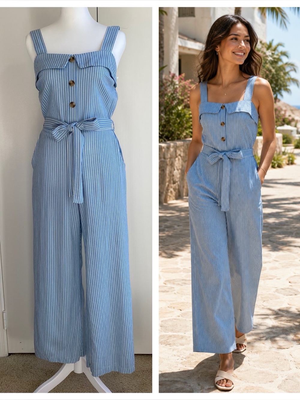 Monteau LA | Blue Stripe Linen Blend Wide Leg Sailor Jumpsuit Sleeveless | S